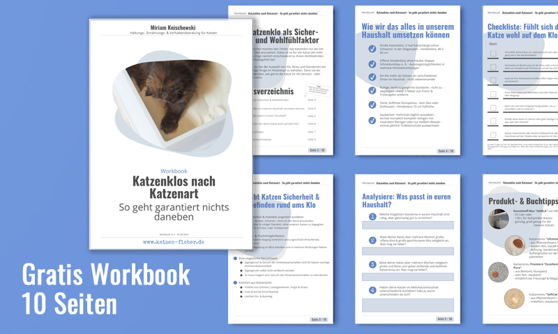 Die Grafik zeigt 7 Seiten des Workbooks Katzenklos nach Katzenart mit der Unterschrift Gratis Workbook 10 Seiten
