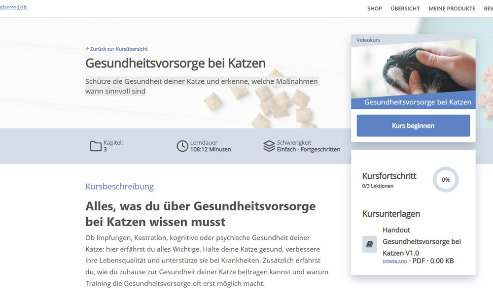 Einblick in den Mitgliedsbereich des Videokurses Gesundheitsvorsorge bei Katzen