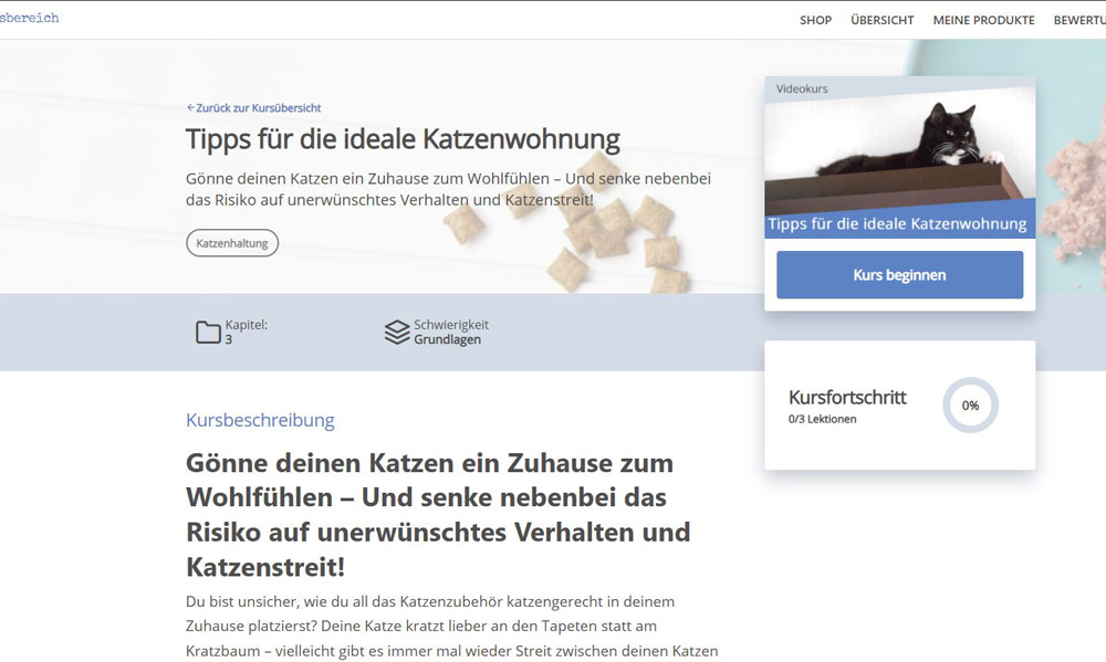 Einblick in den Mitgliedsbereich des Videokurses Tipps für die ideale Katzenwohnung