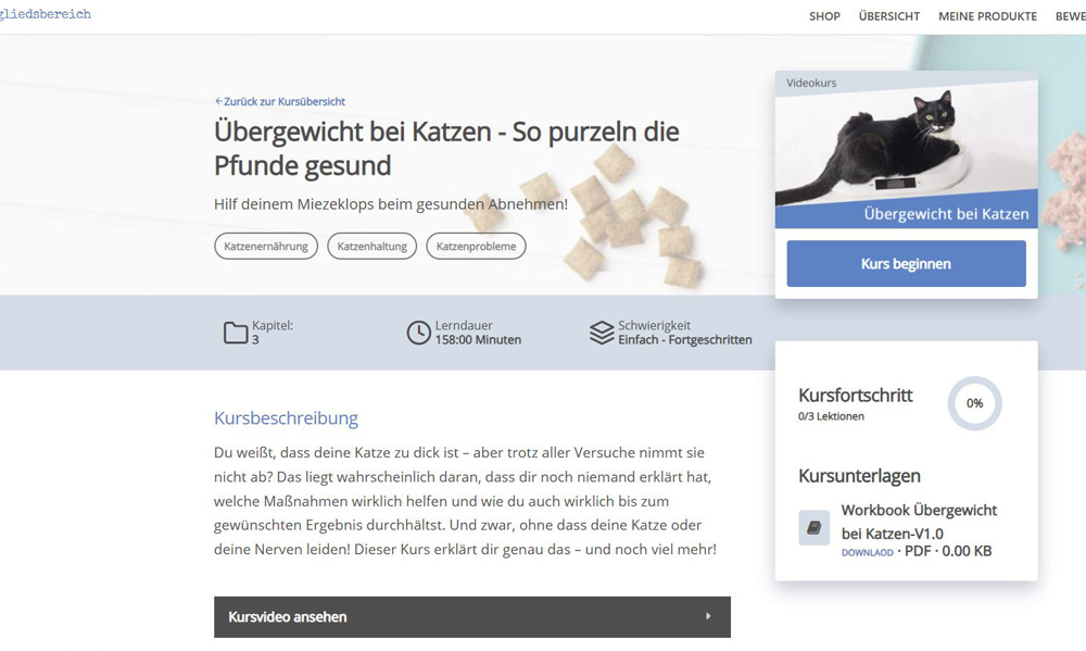 Das Foto zeigt einen Einblick in den Mitgliederbereich zum Kurs Übergewicht bei Katzen