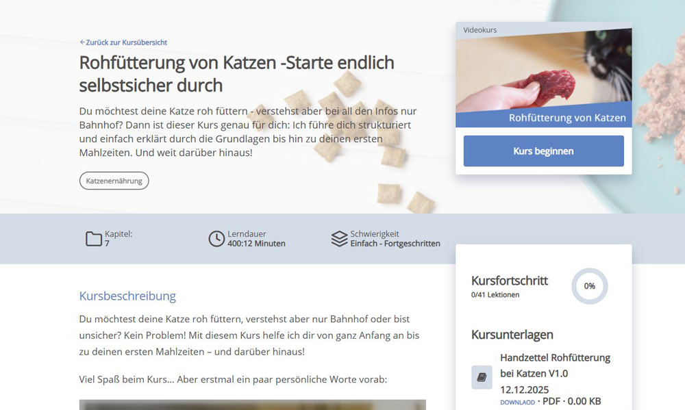 Das Foto zeigt einen Einblick in den Mitgliedsbereich des Kurses Rohfütterung bei Katzen